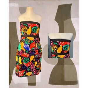 Vintage 80s A.J. Bari Neon Sea Shells Cotton Bow Detail Mini Strapless Dress 12
